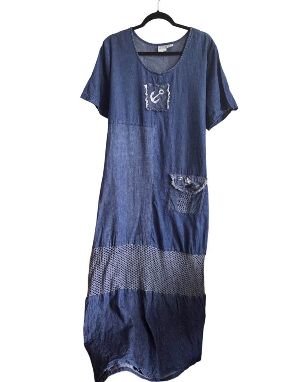 Vintage Bleu Bayou Patchwork Denim Maxi Dress Adjustable Waist Tie Nautical